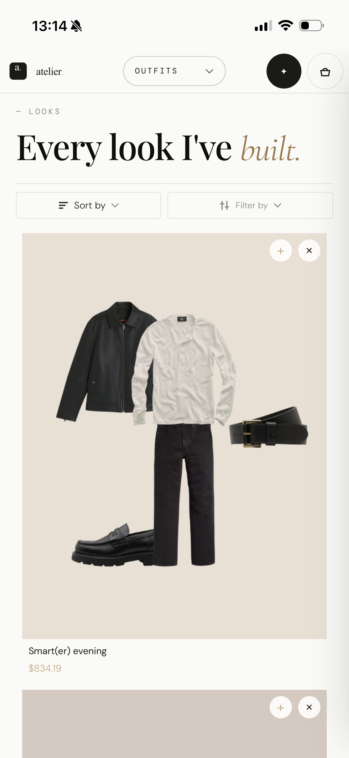 The outfit builder showing saved looks