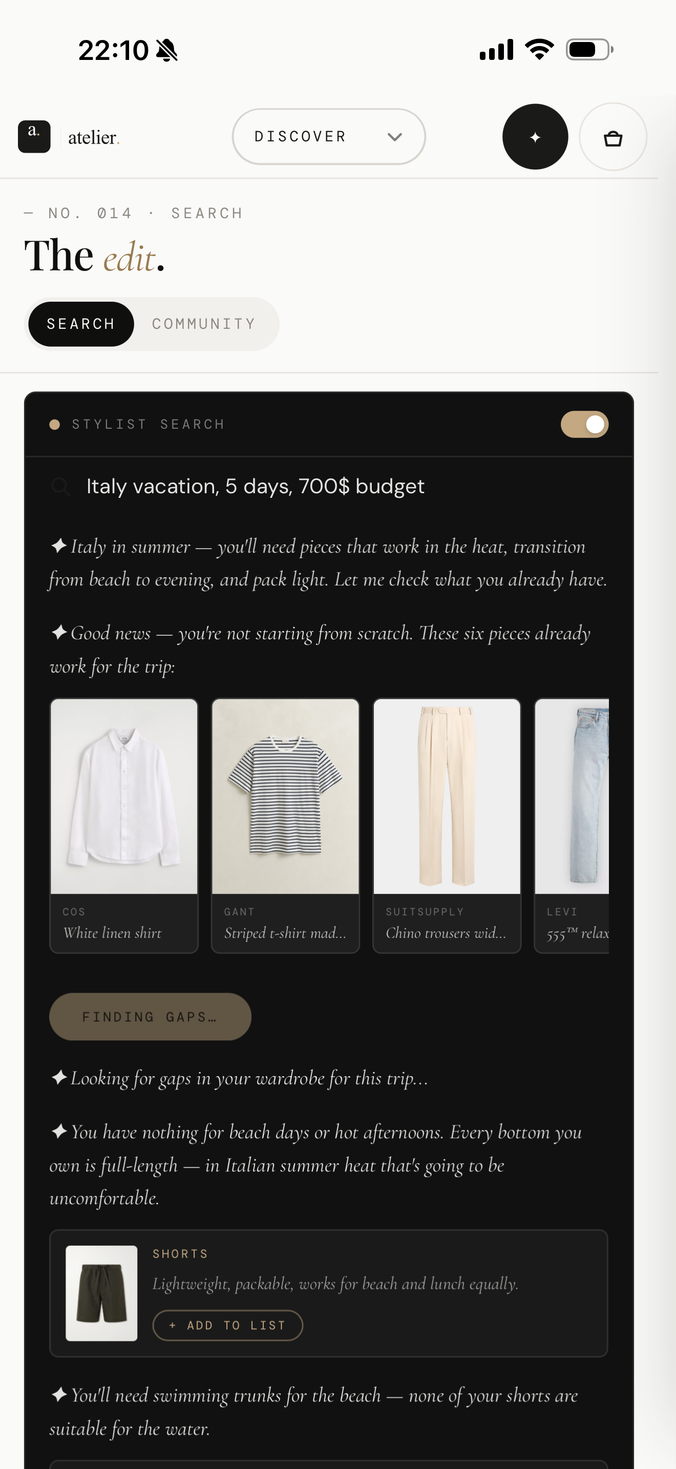 Stylist search — planning an Italy trip against your wardrobe