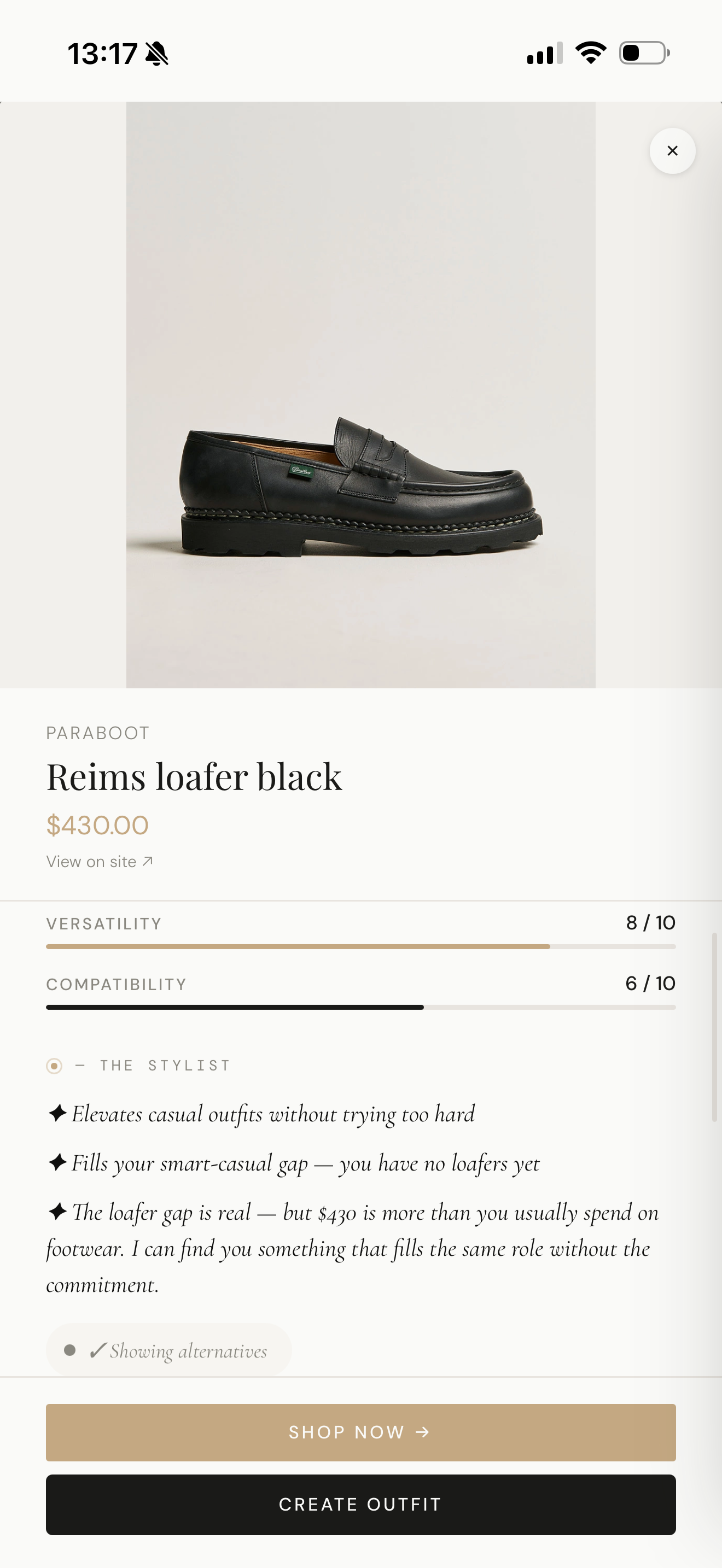 The stylist reading a Paraboot loafer against your wardrobe